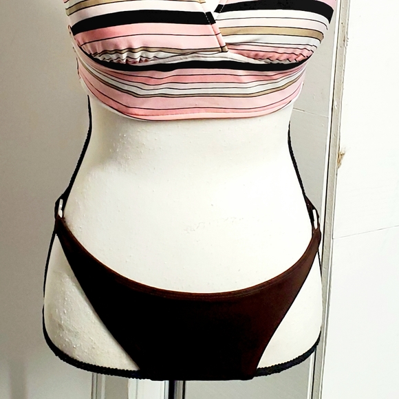 Merona Women Size Small Swimsuit Bathing Bikini Set Stripe/ Solid Pink Brown - Picture 2 of 9
